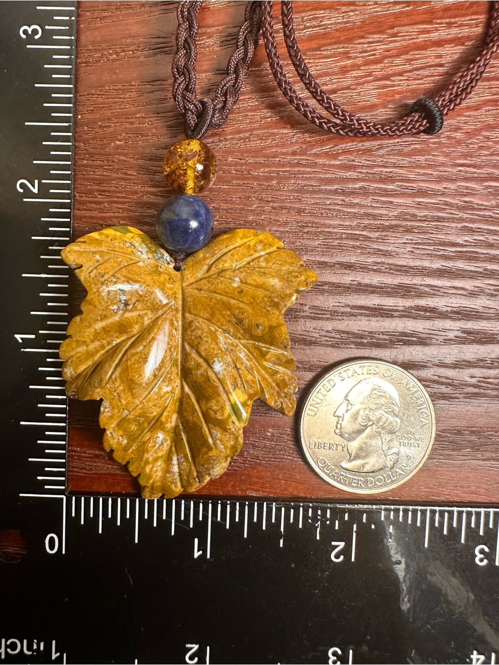 Yellow Ocean Jasper Leaf Carving Pendant Necklace on Brown Braided Rope - Picture 12 of 13
